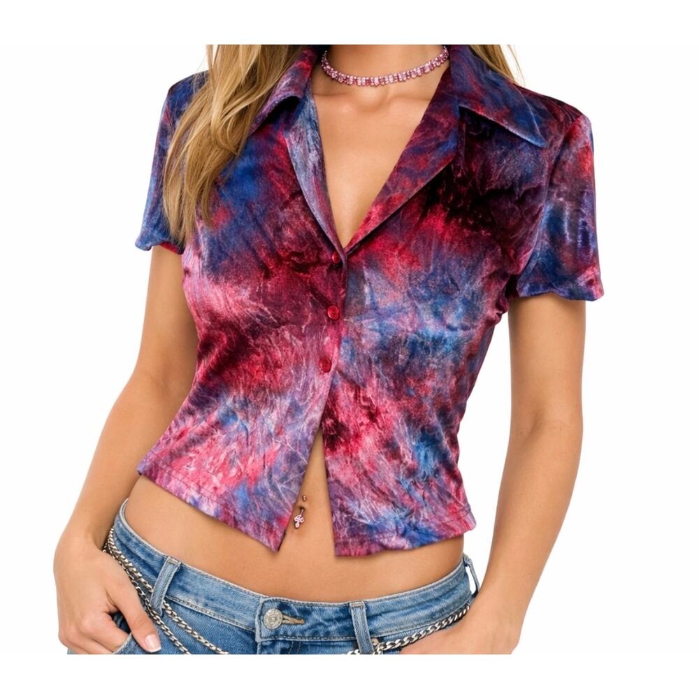 Vintage 90's Y2K Colorful Shiny Velour Tie Dye Button Up Top Small Rave Disco